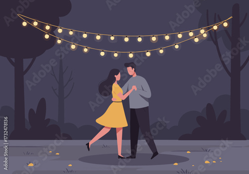 Romantic dance evening under string lights park setting digital evening ambiance view love concept