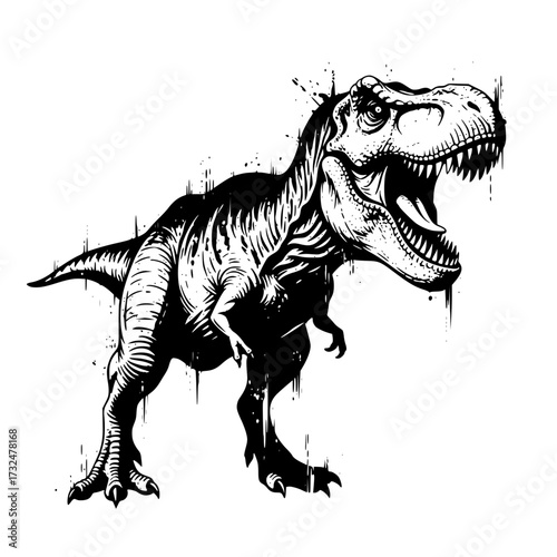 Vector art of black and white illustration of roaring tyrannosaurus rex