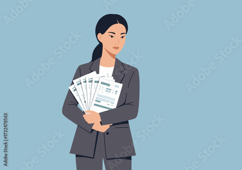 Businesswoman holding documents office setting digital professional environment confident viewpoint