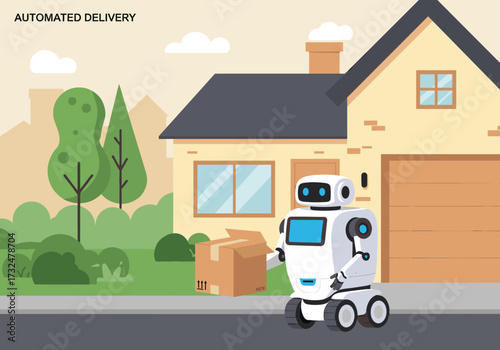 Automated delivery robot brings packages home suburban neighborhood digital daytime perspective on innovation