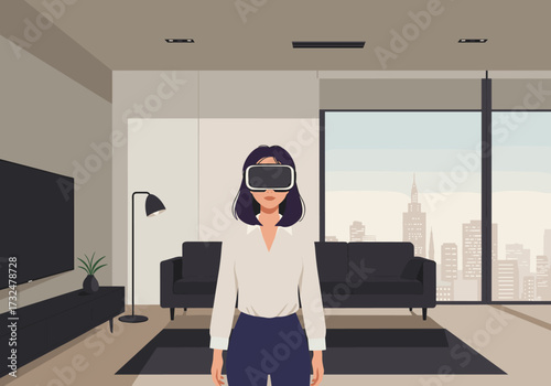 Virtual reality experience modern apartment digital urban environment indoor viewpoint innovative concept