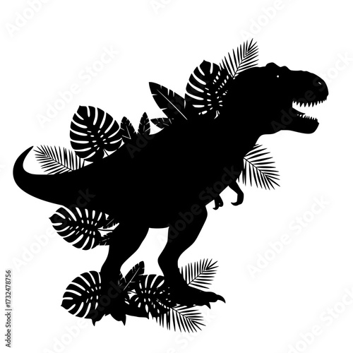 Vector art of silhouette of a trex dinosaur surrounded by ferns and tropical plants