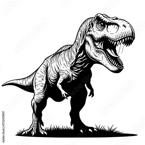 Vector art of ferocious tyrannosaurus rex roaring with open mouth and sharp teeth, black and white illustration
