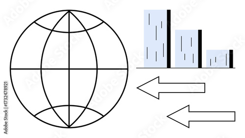Globe with longitude and latitude lines, bar chart symbolizing data, arrows indicating exchange. Ideal for business analytics, globalization, data sharing, market trends, efficiency, economics