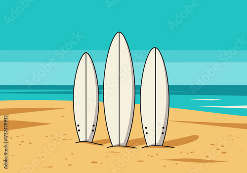 Surfing adventure at the beach surfboards on sand digital sunny day wide angle fun and relaxation