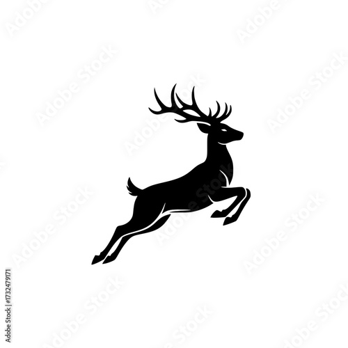 Vector art of black silhouette of leaping deer with antlers