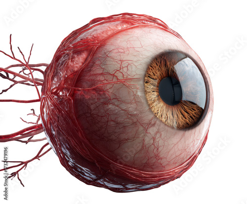 A realistic, detailed 3d render of a human eyeball with visible blood vessels and optic nerve, isolated on a transparent background, showcasing the intricate anatomy of the eye
