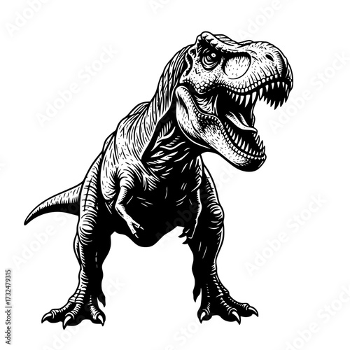 Vector art of ferocious trex dinosaur illustration in black and white, roaring with open mouth and sharp teeth