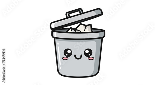 Adorable cartoon trash can overflowing with crumpled paper adds a touch of whimsy