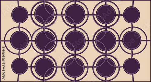 Circular, dark-purple shapes interconnected by linear elements on a light beige background, creating an abstract pattern