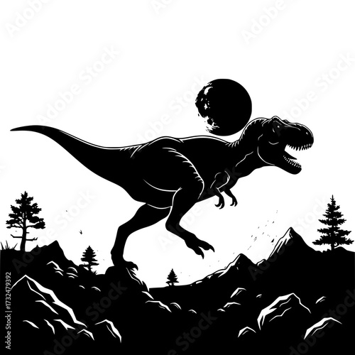 Vector art of silhouette of tyrannosaurus rex carrying large spherical object in prehistoric landscape