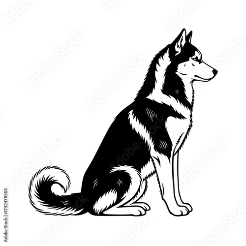 Vector art of majestic siberian husky sitting upright with curled tail