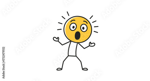 Astonished stick figure character with radiant head expressing extreme surprise, standing on white