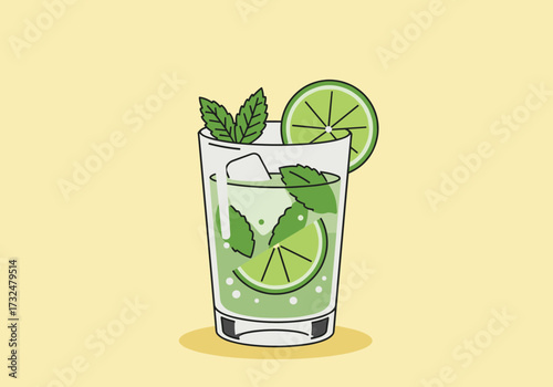 Refreshing mojito cocktail with mint and lime home bar beverage bright yellow background creative perspective