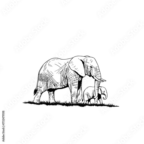 Vector art of mother and baby elephant walking together in nature