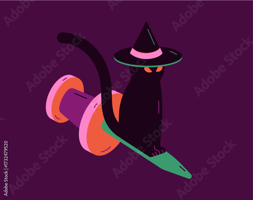 Black cat on push pin in witch hat Halloween isometric vector illustration. Isometric halloween black cat with witch hat on office pin. Cute halloween isometric black cat on pushpin illustration.