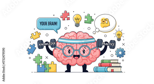 Brain enhancing knowledge through learning practice and developing intellectual skills illustration