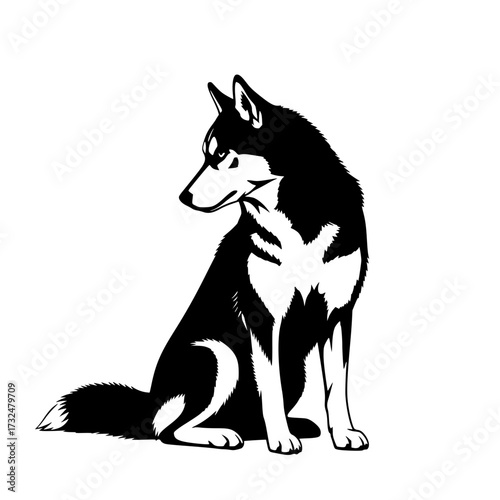 Vector art of majestic husky dog sitting with detailed fur and alert expression