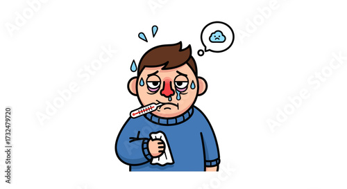 Cartoon depiction of a man suffering from cold symptoms and feeling miserable