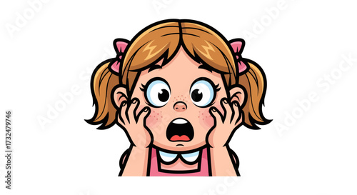 Cartoon girl with pigtails expresses deep shock or surprise in a comical manner