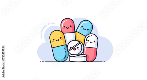 Cartoon illustrations of cute medicine capsules and pills for medical design concept