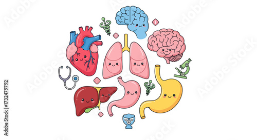 Cartoon internal human organs with cute faces and medical equipment illustration
