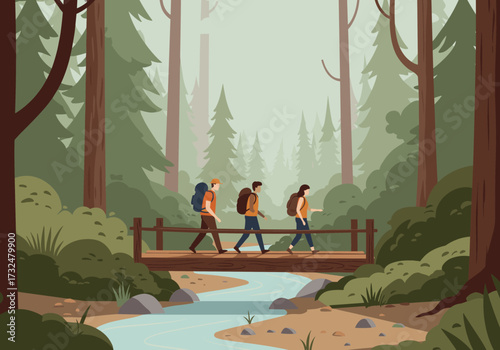 Hiking adventure with friends in a serene forest illustrative tranquil nature scene aerial view