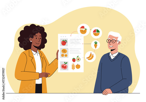 Nutrition education session healthy eating tips community center infographic presentation bright environment engaging viewpoint