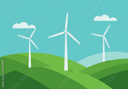 Wind energy generation in green hills digital nature bright sky inspirational concept