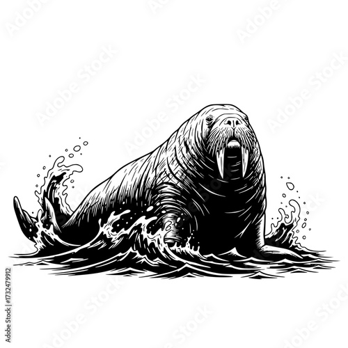 Vector art of detailed black and white illustration of a walrus swimming in water