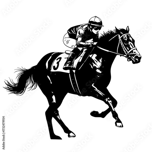 Vector art of black silhouette of jockey riding galloping horse