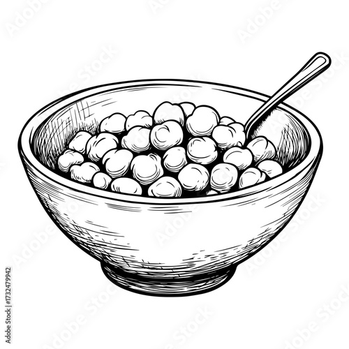 Bowl of Chickpeas Sketch – Hand-Drawn Food Illustration. Chickpeas in Bowl Sketch, Plant Based Food Vector Art.