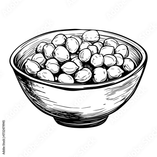 Bowl of Chickpeas Sketch – Hand-Drawn Food Illustration. Chickpeas in Bowl Sketch, Plant Based Food Vector Art.