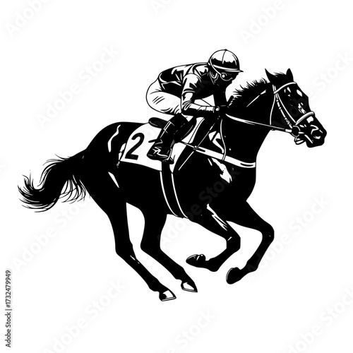 Vector art of black silhouette of jockey riding galloping horse in dynamic racing pose