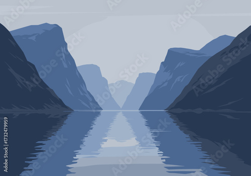 Tranquil reflection of mountains and water serene fjord digital calm atmosphere wide-angle view nature theme