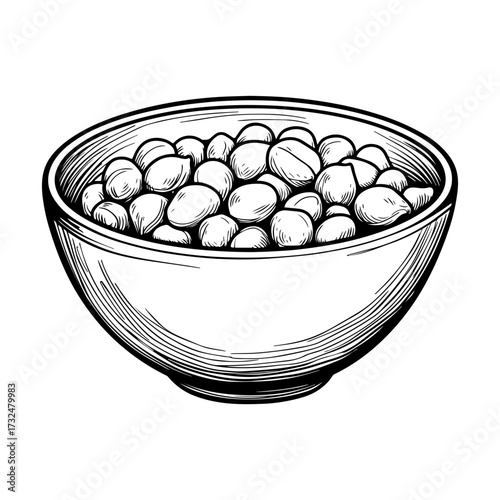 Bowl of Chickpeas Sketch – Hand-Drawn Food Illustration. Chickpeas in Bowl Sketch, Plant Based Food Vector Art.