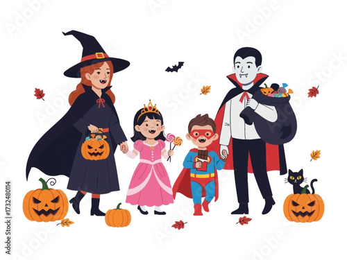 Halloween Costume Party: A captivating scene of joy unfolds as a family dresses up in a variety of festive Halloween costumes, walking together to celebrate holiday spirit.