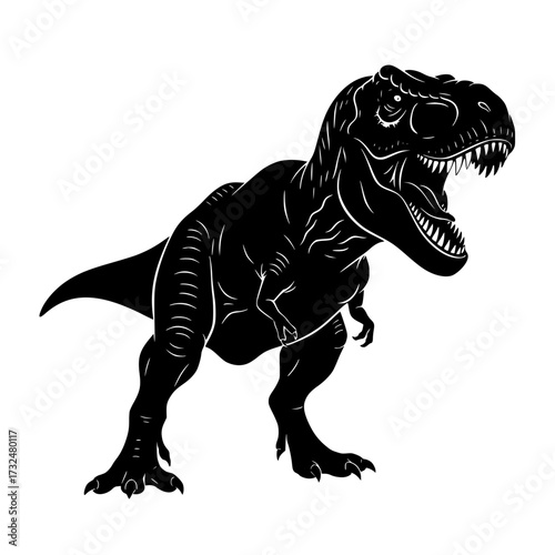 Vector art of black silhouette of roaring tyrannosaurus rex in aggressive stance