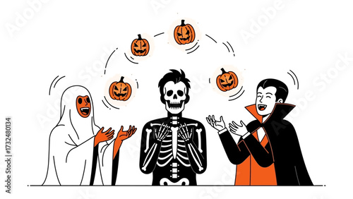Spooky Halloween performers juggling pumpkins: A lighthearted illustration of whimsical Halloween performers, a friendly ghost, a skeletal figure, and a classic vampire.