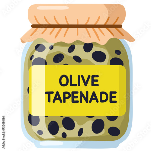 Hand-drawn illustration of bottle with olive tapenade. Colored flat cartoon vector illustration isolated on white background. Concept of nature, healthy food, farm vegetables, natural oils