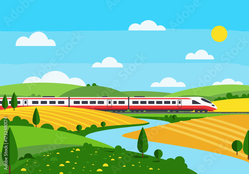 Speeding train journey through lush green fields scenic landscape digital bright sunny day