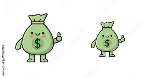 Cheerful money bags giving thumbs up on a black background promoting prosperity and finance