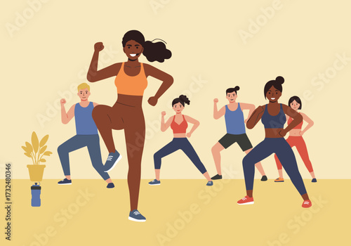High-energy dance workout session fitness indoor front view health and motivation