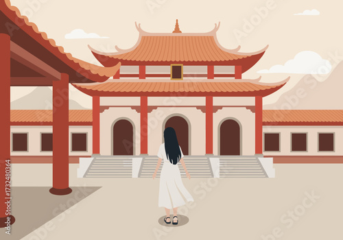 Exploring serene architecture ancient temple digital tranquil environment aesthetic perspective