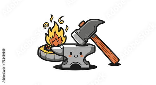 Cute cartoon blacksmith scene featuring a smiling anvil, hammer, and blazing fire