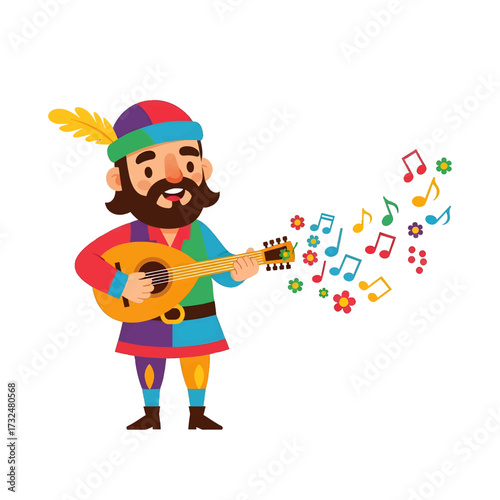 Medieval musician playing lute with musical notes and flowers.