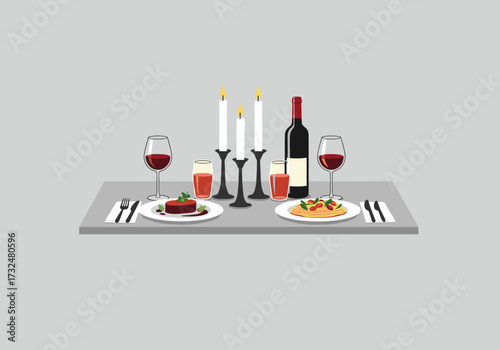 Elegant dinner setting with wine and gourmet dishes cozy indoor space digital