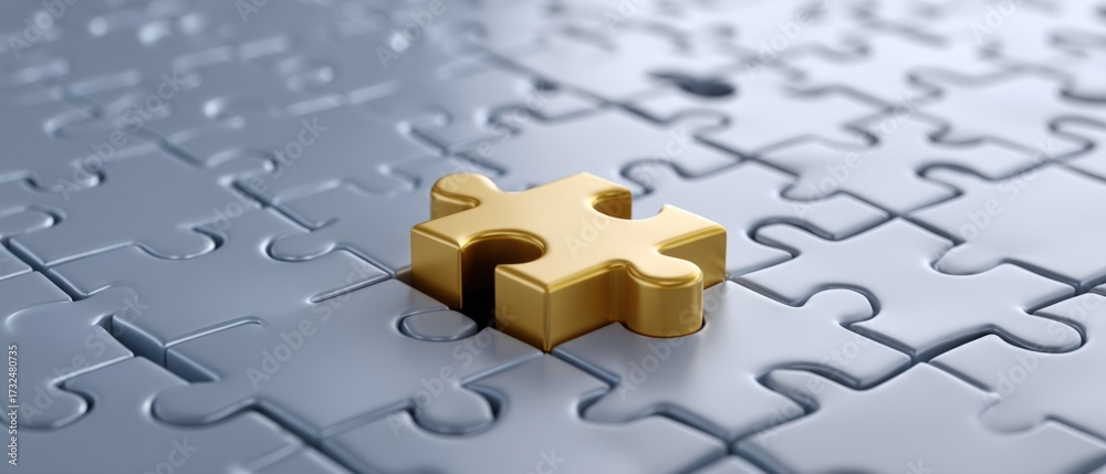 Fototapeta premium Golden puzzle piece fitting into silver jigsaw, symbolizing uniqueness, identity, mental clarity, problem solving, and finding the missing piece