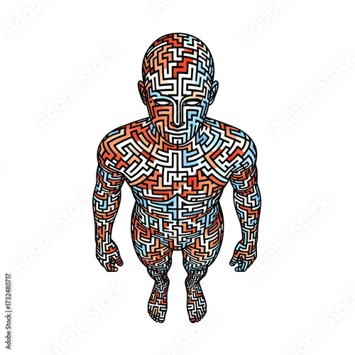 Intricate maze design human figure standing upright looking upwards.