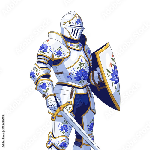 Elegant Knight in Floral Armor with Sword and Shield.